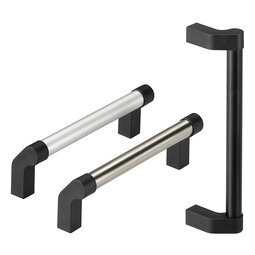 Three aluminium handles with black polyamide end fittings; two horizontal cylindrical bars with metallic and stainless steel finishes, one vertical black handle with curved ends