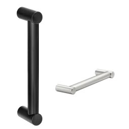 Two aluminium handles; one black anodized vertical, one natural coloured horizontal, both with tubular grips and cylindrical ends