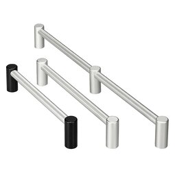 Three aluminium handle systems with cylindrical ends and a connecting grip tube, two in silver anodized finish and one with black end pieces