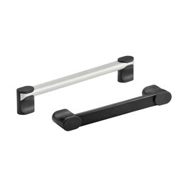 Two VM-30 aluminium handles with oval profile; one natural colored with black ends, one completely black, both isolated on white background