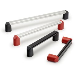 Four VM-02 handle grips with extruded aluminium oval profiles and polyamide ends in black and red colors placed on a white surface.