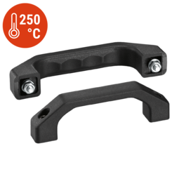 Two black plastic handles with fine textured surface, one equipped with metal screws and nuts, shown on a white background with a red icon indicating 250°C temperature resistance