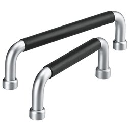 Two round steel bar handles with black plastic covering and matte silver chromium plated ends and supports