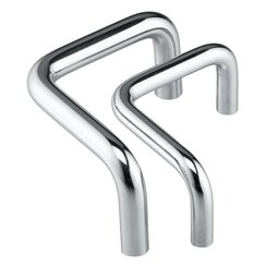 Two bow-shaped round steel rods with chrome plating and smooth curved corners standing vertically