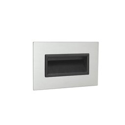 Rectangular black inset handle mounted flush on a brushed metal plate with a recessed grip area.