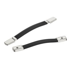 Two curved black soft plastic handles with metal end caps on white background