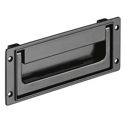 Black rectangular collapsible tray handle made of aluminum die casting with mounting frame and screw holes.