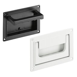 Two collapsible tray handles in black and white, one extended and one retracted, mounted on rectangular frames with screw holes