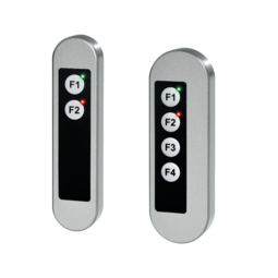 Two stainless steel switch housings with black rectangular panels and labeled push buttons F1 and F2 on the left housing and F1 to F4 on the right housing, each with green and red LED lights above some buttons.