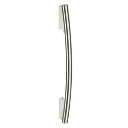 Curved stainless steel door handle with aluminum mounting brackets