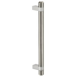 Stainless steel door handle with cylindrical tube and square-shaped aluminum handle shanks on a white background