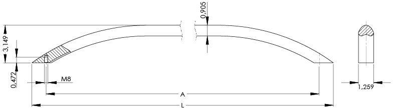 Technische Zeichnung eines gebogenen Aluminium-Bügelgriffs mit Maßangaben in Zoll, einschließlich Querschnitt und Befestigungsmaß M8.