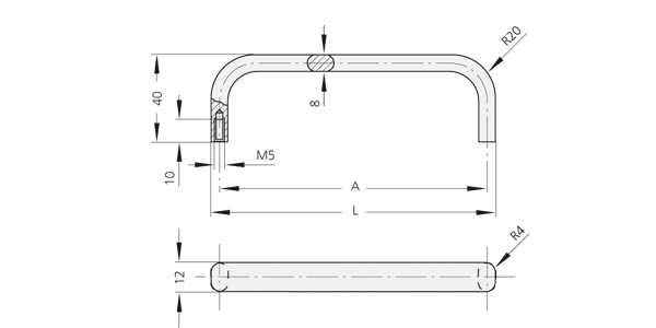Technische Zeichnung Profilaluminium-Griff OA Technische Zeichnung eines flachovalen Aluminiumgriffs mit Maßangaben