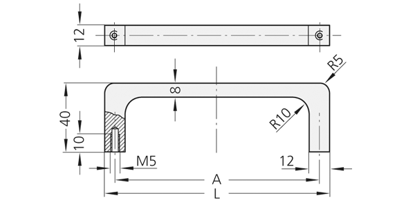 Technische Zeichnung des Aluminiumgriffs R1 aus der Clean Line Technische Zeichnung eines rechteckigen Aluminiumgriffs mit abgerundeten Ecken und zwei Befestigungslöchern an den Enden, inklusive Querschnittsansicht
