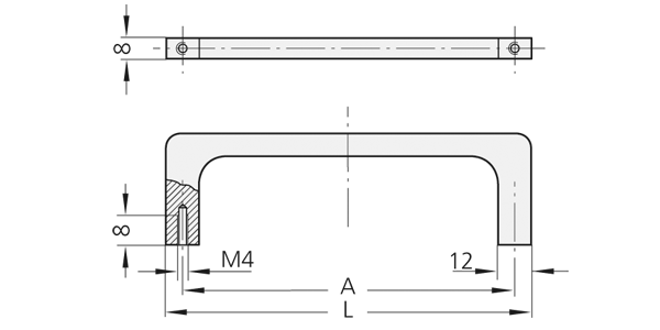 Technische Zeichnung Aluminium Bügelgriff Typ R Technische Zeichnung eines rechteckigen Aluminium Bügelgriffs Typ R in Draufsicht und Seitenansicht mit Querschnitt des Gewindebereichs