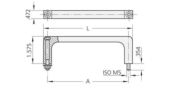 Technische Zeichnung Aluminium Bügelgriff Typ R3 Technische Zeichnung eines rechteckigen Aluminium-Bügelgriffs Typ R3 aus verschiedenen Perspektiven mit Befestigungsschrauben