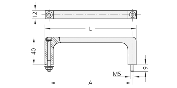 Technische Zeichnung Aluminium Bügelgriff Typ R3 Technische Zeichnung eines rechteckigen Aluminium-Bügelgriffs mit seitlicher Schraubenmontage und Maßen