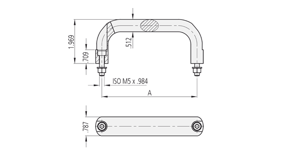 Technische Zeichnung eines Edelstahlgriffes mit ovalem Profil in Vorder- und Seitenansicht mit Befestigungsschrauben an beiden Enden