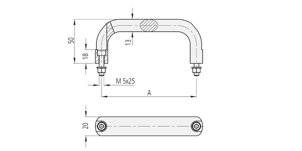 Technische Zeichnung eines U-förmigen Edelstahlgriffs mit Schraubenbefestigungen an beiden Enden