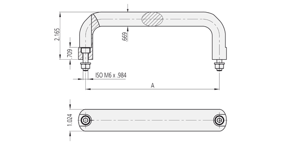 Technische Zeichnung eines ovalen Edelstahl-Griffs mit Befestigungsschrauben und Querschnittsdarstellung