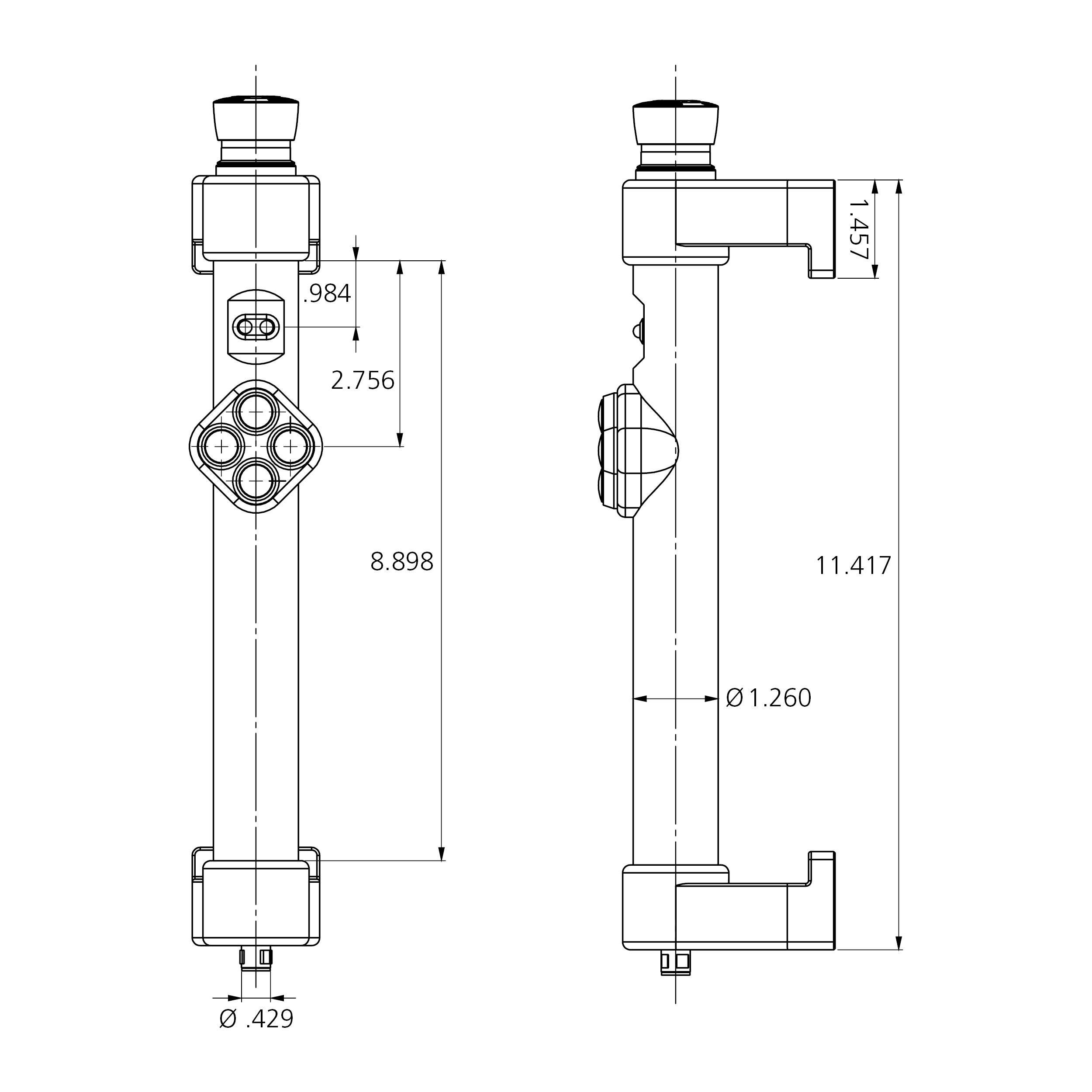 Technische Zeichnung des Funktionsgriffes FG21 mit Maßen Technische Zeichnung des Funktionsgriffes FG21 mit Vorder- und Seitenansicht und detaillierten Maßangaben in Zoll.