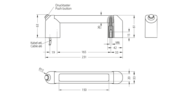 Technische Zeichnung eines Funktionsgriffs mit Drucktaster und Anschlusskabel, die Maße und Querschnitt zeigen.