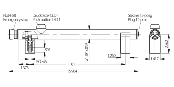 Technische Zeichnung des Funktionsgriffs FG14 mit detaillierten Abmessungen und Beschriftungen der Funktionselemente