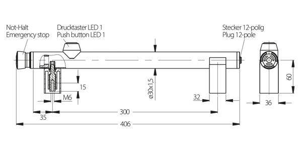 Technische Zeichnung eines Funktionsgriffes mit Not-Halt-Knopf, Drucktaster mit LED und 12-poligem Stecker samt Abmessungen