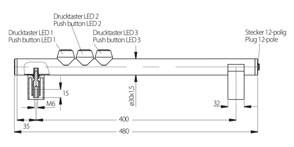 Seitenansicht einer technischen Zeichnung des Funktionsgriffs FG14 mit Beschriftungen der Drucktaster LED 1, 2 und 3, einem 12-poligen Stecker sowie Maßangaben in Millimetern.