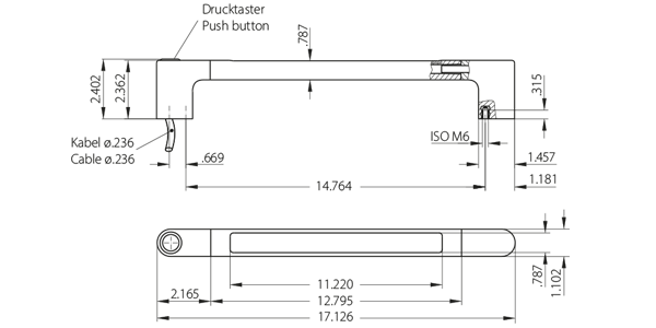 Technische Zeichnung des Funktionsgriffs FG4-LL in Zoll Technische Zeichnung des Funktionsgriffs FG4-LL mit Maßangaben in Zoll, zeigt Seiten- und Draufsicht mit Drucktaster und Kabel