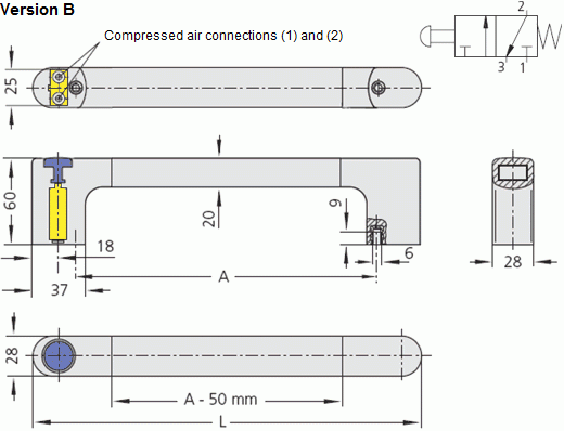 Technische Zeichnung des pneumatischen Funktionsgriffs FG4-P Version B Technische Zeichnung des FG4-P pneumatischen Funktionsgriffs, zeigt Seitenansicht, Draufsicht und Querschnitt mit Maßen und pneumatischem Ventilsymbol