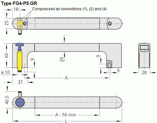 Technische Zeichnung des Funktionsgriffes FG4-P5.GR Technische Zeichnung des FG4-P5.GR Funktionsgriffs mit Maßen und Druckluftanschlüssen