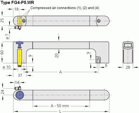 Technische Zeichnung des Funktionsgriffes FG4-P5.WR Technische Zeichnung des Funktionsgriffes Typ FG4-P5.WR mit Maßen und Druckluftanschlüssen in Seitenansicht, Draufsicht und Querschnitt