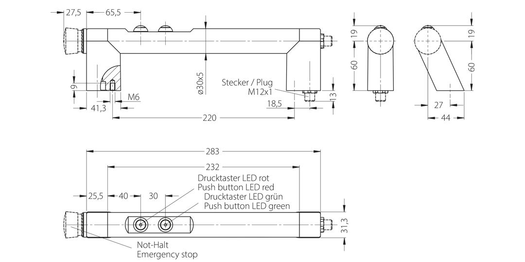 Technische Zeichnung des FG7-02 Funktionsgriffs Technische Zeichnung eines Funktionsgriffs FG7-02 aus Aluminium mit schwarzen Polyamid-Griffschenkeln und zwei integrierten Drucktastern, dargestellt in mehreren Ansichten und Querschnitten