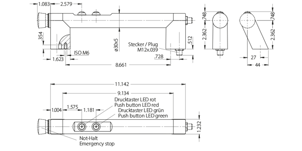 Technische Zeichnung Funktionsgriff FG7-02 mit Abmessungen Technische Zeichnung eines Funktionsgriffs mit Maßen, zwei LED-Drucktastern (rot und grün) und Not-Halt-Knopf, inklusive Steckeranschluss