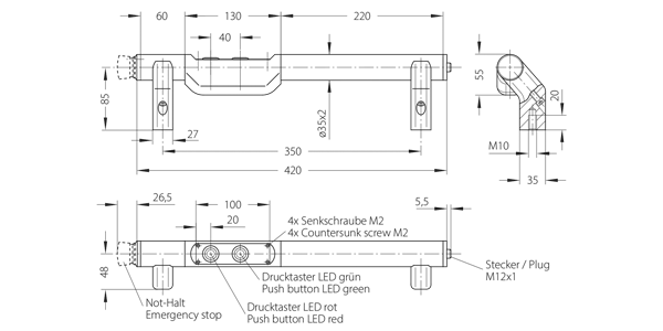 Technical Drawing of FG8 Functional Handle with Illuminated Push Buttons Technical schematic of FG8 functional handle including measurements and labels for LED push buttons, emergency stop, mounting screws, and plug connection.