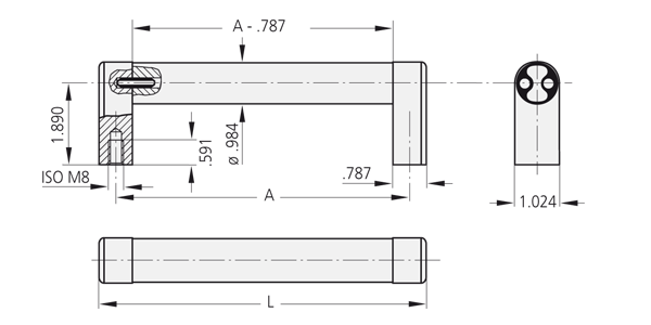 Technische Zeichnung des A3 Griffs aus Aluminium-Profilen Technische Zeichnung eines zusammensteckbaren Aluminium-Rohrgriffs mit drei Ansichten: Seiten-, Draufsicht und Frontansicht, inklusive Detaildimensionen.