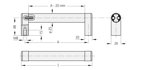 Technische Zeichnung des Aluminium-Griffes A3 Technische Zeichnung eines rechteckigen Aluminium-Griffes mit Seitenansicht, Draufsicht und Querschnitt