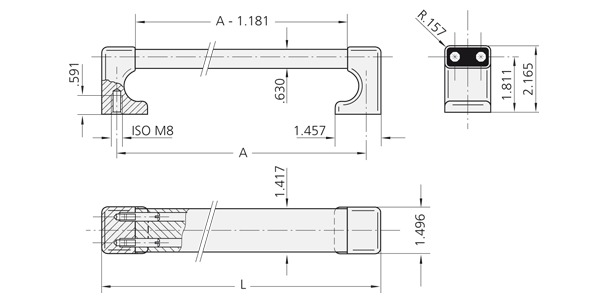 Technische Zeichnung Griffschenkel AR aus Aluminium-Profil Technische Zeichnung eines Aluminium-Griffs AR mit mehreren Ansichten und Maßen