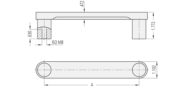 Technische Zeichnung des Aluminiumgriffs HG Technische Zeichnung eines Aluminiumgriffs mit Griffsteg und zwei Schenkeln, inklusive Querschnitts- und Ansichtsdetails