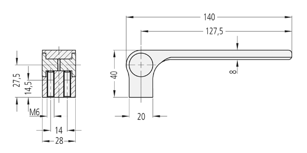 Technische Zeichnung: Griffsteg HG aus Aluminium Technische Zeichnung eines Griffstegs mit Querschnittsansicht und technischen Maßen