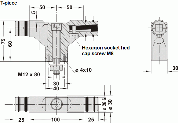 Technische Zeichnung T-Stück HS-30 Technische Zeichnung eines T-Stücks mit Maßangaben und Schraubenpositionen aus dem Stecksystem HS-30