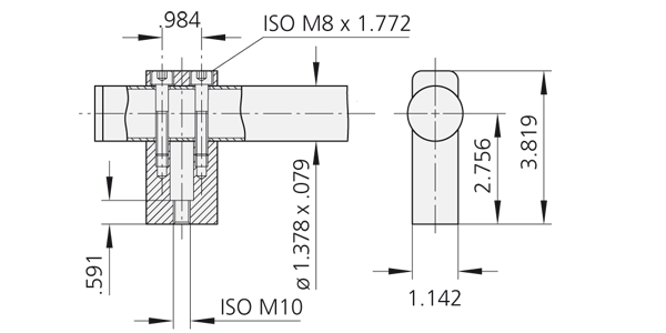 Technische Zeichnung des Griffes TL.U6 aus Edelstahl und Aluminium Technische Zeichnung eines Edelstahlgriffes TL.U6 mit Querschnitt und Seitenansicht, dargestellt sind Rohr und Befestigungselemente
