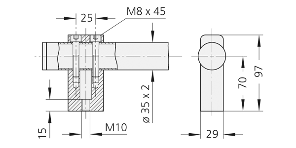 Technische Zeichnung eines Halterungsstücks der TL.U6 Griffserie Technische Zeichnung mit Schnitt- und Frontansicht eines Halterungsstücks aus Edelstahl und Aluminium mit Schraubenbefestigung