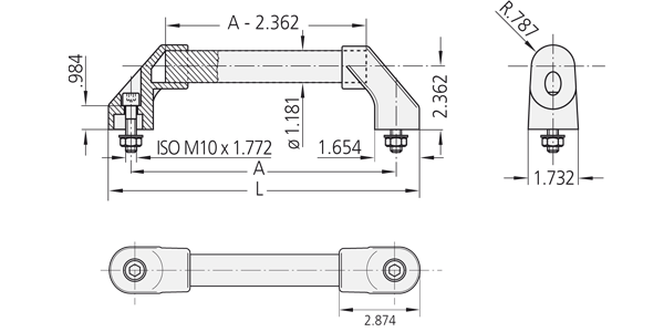 Technische Zeichnung des Kunststoff-Bügelgriffs RS Technische Zeichnung eines Kunststoff-Bügelgriffs RS mit mehreren Ansichten einschließlich Schnitt- und Seitenansicht