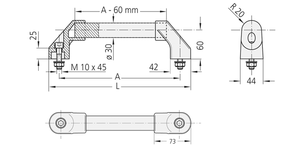 Technische Zeichnung Kunststoff-Bügelgriff RS Technische Zeichnung eines Kunststoff-Bügelgriffs RS mit Querschnitt, Seitenansicht und Draufsicht