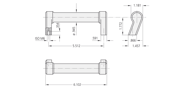 Technische Zeichnung Kunststoff-Bügelgriff SP Technische Zeichnung eines Kunststoff-Bügelgriffs SP mit Vorder-, Seiten- und Draufsicht