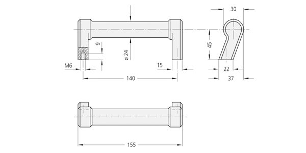 Technische Zeichnung eines Kunststoff-Bügelgriffs SP Technische Zeichnung eines Kunststoff-Bügelgriffs aus Polyamid PA6 glasfaserverstärkt mit Gewindebuchsen aus Messing in drei Ansichten