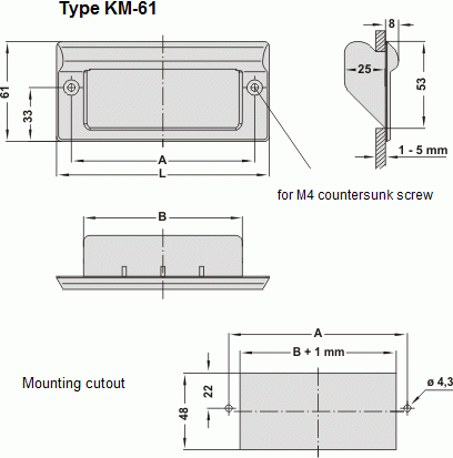 Technische Zeichnung KM-61 Muldengriff Technische Zeichnung des Muldengriffs KM-61 mit Maßen und Montageausschnitt für Schrauben.