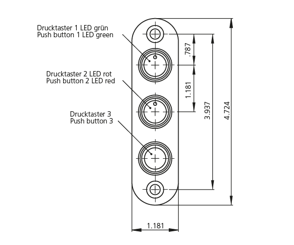 TG1 Switch Housing Front Mounting with Three Push Buttons Technical drawing showing front view of TG1 switch housing with three push buttons arranged vertically with labeled dimensions and LED colors